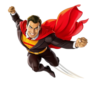 Distinguished superhero person flies with red cape