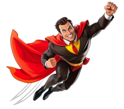 Distinguished superhero person flies with red cape
