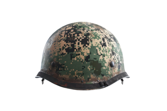 Vintage military helmet with digital camouflage pattern, isolated on white background. Perfect for historical purposes, army, or safety equipment.