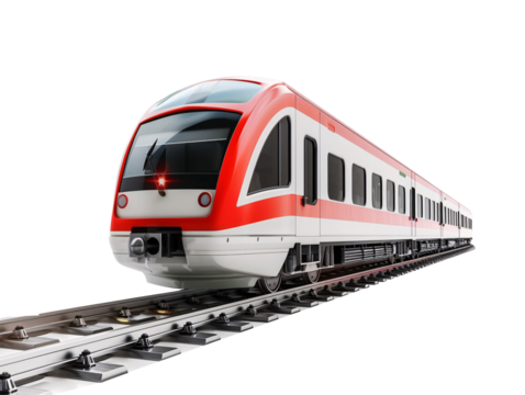 a red and white train on tracks