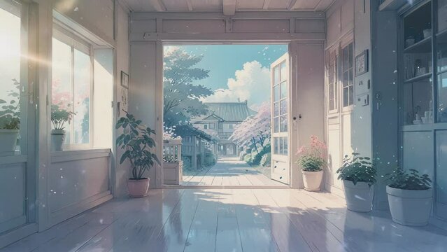Anime-style Video of a  a long, bright hallway with a door at the end. The hallway is lined with windows and plants. The floor is made of white tiles. The walls are white and the ceiling is high. 