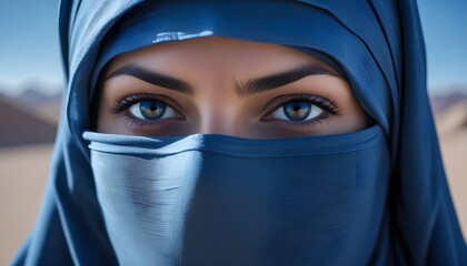 Arabic afghan arabian woman in a traditional blue veil burka niqab burqa close up portrait