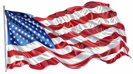 Detailed illustration of the American flag waving in the wind, showcasing vibrant red, white, and blue colors with stars and stripes.