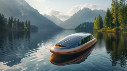 Fototapeta premium Solar-Powered Boat on Serene Mountain Lake with Stunning Nature Backdrop