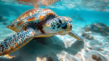 Fototapeta premium Clear underwater view of a sea turtle with light patterns dancing on its shell and the surrounding waters