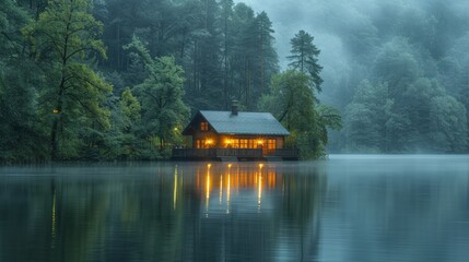 Fototapeta premium An idyllic cabin reflects its warm interior lights on the calm lake waters, surrounded by foggy woods during the enchanting blue hour