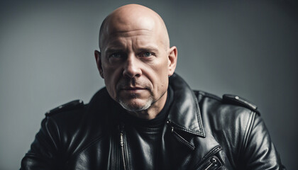 portrait of an bald American biker man, isolated white background