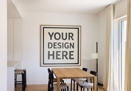 Mockup of square customized picture frame on wall in room