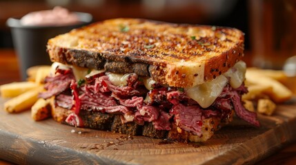 Fototapeta premium Gourmet Reuben sandwich with melted cheese and corned beef, served with fries