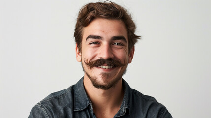 Obraz premium A handsome lively friendly young latin american Italian guy with handlebar english moustache and beard smile for the camera white background