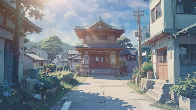 Anime-style Video of a street scene in an Asian town with traditional Japanese houses and a temple in the background.