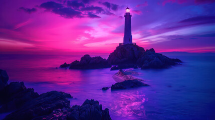 Mesmerizing Coastal Lighthouse at Sunset Stunning Pink and Purple Sky over Calm Ocean Waters with Silhouette of Lighthouse on Rocky Shore, Ideal for Nature and Landscape Lovers