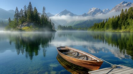 Fototapeta premium Serene Mountain Lake with Rowboat and Misty Pine Forest