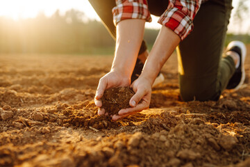 Close up of the farmer hands touching dry ground in an agricultural field while analyzing soil during the summer day. Organic gardening, agriculture.
