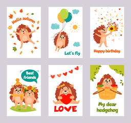 Hedgehog printable cards. Positive flyers with forest cartoon hedgehogs and nature elements. Friendship romantic love and birthday classy vector design