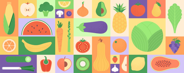 Bauhaus style fruits and vegetables. Cabbage lemon corn onion carrot watermelon and cucumber. Flat pineapple avocado tomato pepper, racy vector set