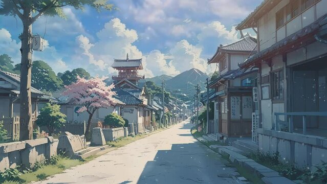 Anime-style Video of a a street in a Japanese town. The street is lined with traditional Japanese houses and shops, and there are trees and flowers on either side. 