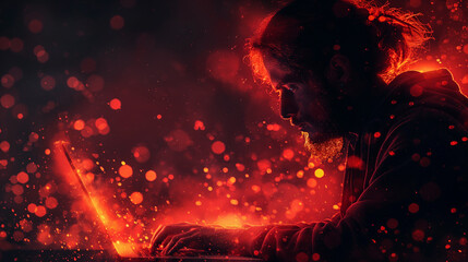 A man is sitting in front of a laptop with a beard. The image has a dark and mysterious mood, with the man's face partially obscured by the laptop screen