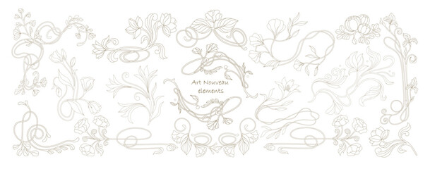 Art Nouveau floral frames, corners, and borders. Vector.