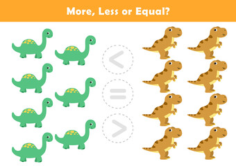 Comparison Worksheet with Cute Cartoon Dino for Kids. Counting Games for Preschoolers. More or Less Worksheet for Kindergarten.