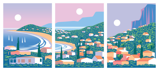 Fototapeta premium Set of posters with Mediterranean romantic landscapes with houses in the first plan, sea, mountains and islands in the background. Handmade drawing vector illustration. 