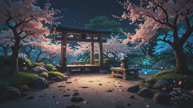 Anime-style Video of a stone path leads under a wooden torii gate in a Japanese garden. The trees are in bloom with pink flowers and the night sky is dark with stars.