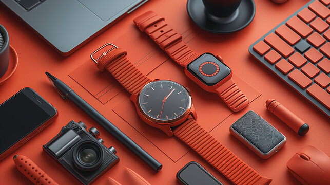 A watch and a camera are displayed on a red surface.