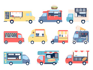 Food trucks. Burger pizza ice cream coffee and hot dog in street van cars. City festival transport with meals and snacks, flat recent vector clipart