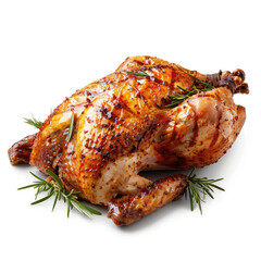 A Christmas turkey clipart, holiday food element, realistic photo, golden brown and garnished, isolated on white background