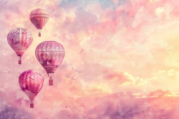 Obraz premium Serene Aerial Wonderland: Whimsical Hot Air Balloons Drifting in Pastel Watercolor Sky