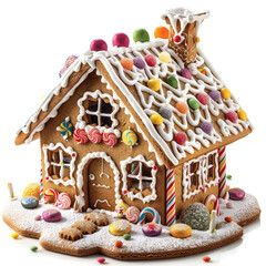 A gingerbread house clipart, festive treat element, realistic photo, decorated with icing and candies, isolated on white background