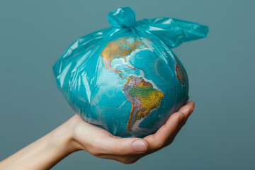A globe in a bag, hand holding the bag