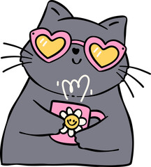 Groovy Retro cat with coffee self love Disco bold doodle outline drawing