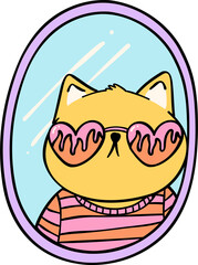 Groovy Retro cat looking in mirror self love Disco bold doodle outline drawing