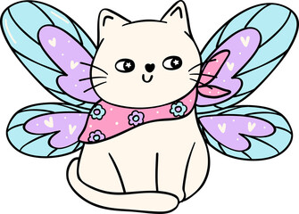 Groovy Retro cat with butterfly wings self love Disco bold doodle outline drawing
