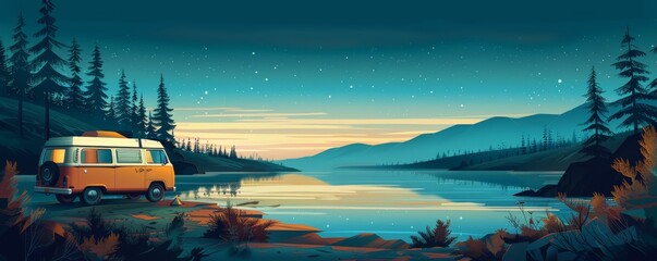 Vintage Camper Van Adventure: Nostalgic Lakeside Camping under Starry Night Sky