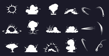 Fototapeta premium Explosion cartoon comic effects. White clouds of fog, smoke. Flash of energetic blow, bomb dynamite explosions, game elements nowaday vector clipart
