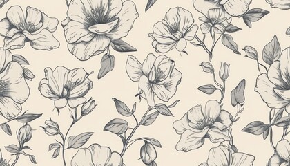 Nostalgic Elegance: Vintage Floral Pattern with Delicate Linework and Muted Pastel Hues