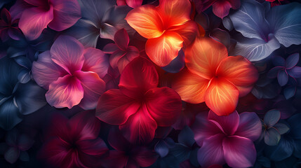A vibrant and colorful close-up of various flowers with shades of red, orange, purple, and blue, creating a visually striking and artistic composition.