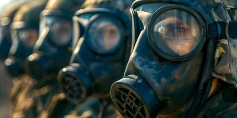Gas masks in military formation for combat readiness against chemical weapons. Concept Military Training, Combat Readiness, Gas Masks, Chemical Weapons, Protection Tactics