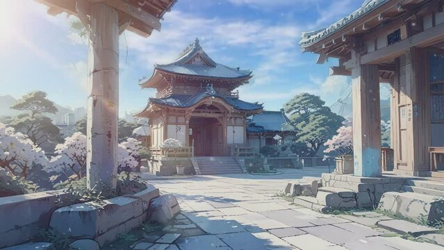 Anime-style Video of a tranquil Japanese courtyard with a cherry blossom tree taking center stage. The surrounding buildings have wooden frames and tiled roofs. The sky is blue with some clouds, and t