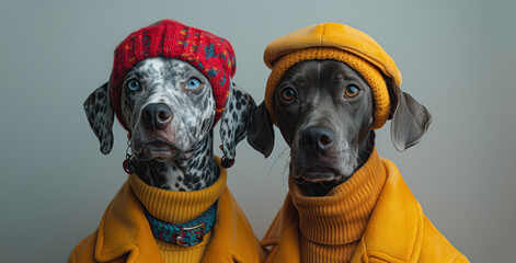 Two labrador dogs wearing autumn high fashion, knitted hats, turtleneck and coat, anthropomorphism concept