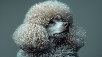 Beautiful light grey poodle with big poofy hair, side angle portrait against a grey background, pet studio photography