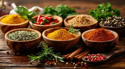 Assorted Colorful Spices and Herbs in Wooden Bowls on Rustic Wooden Table with Fresh Ingredients