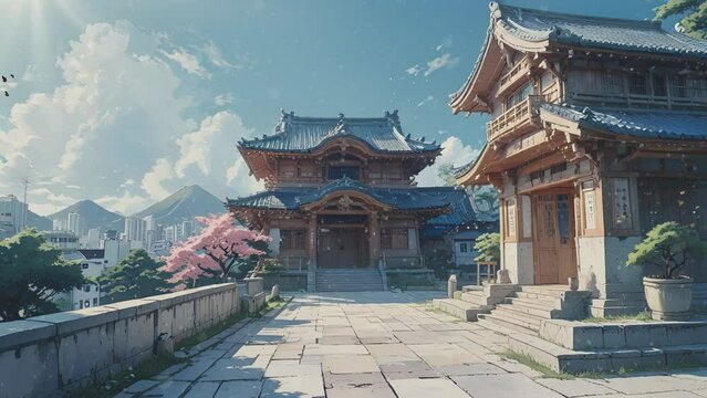 Anime-style Video of a traditional Japanese courtyard with a cherry blossom tree in the foreground. The courtyard is surrounded by buildings with wooden frames and tiled roofs. The sky is blue with so