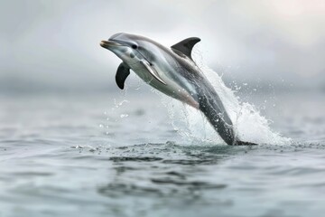 Fototapeta premium A dolphin leaps out of the water, its body arched and its tail flapping