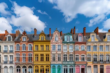 Obraz premium A row of colorful buildings with a blue sky in the background