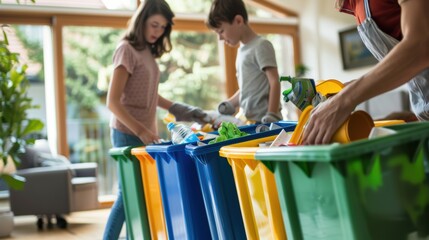 A family separating their waste into recycling bins at home, showcasing proper waste management practices