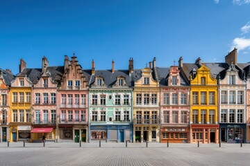 Obraz premium A row of colorful buildings with a blue sky in the background
