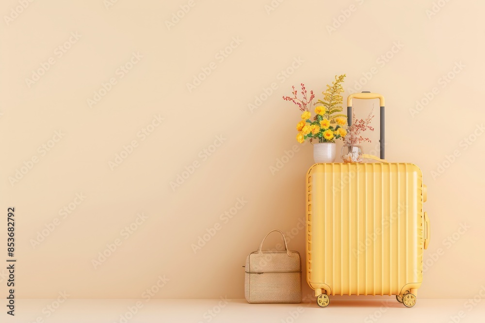 Poster a yellow suitcase is sitting on a table with a vase of flowers and a handbag